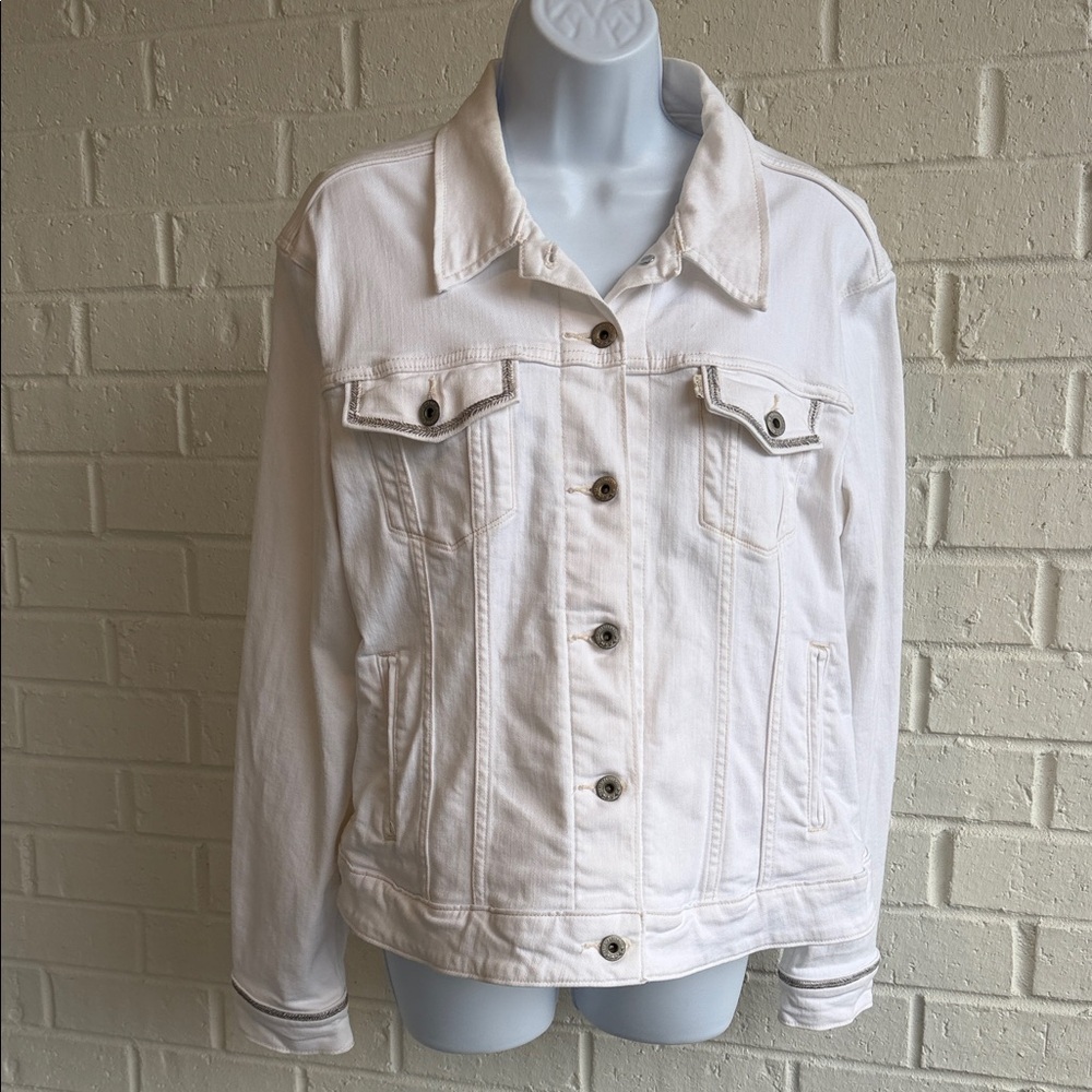 Levi Strauss & Co White Denim Trucker Jacket - Metallic Chain Embellishments XL